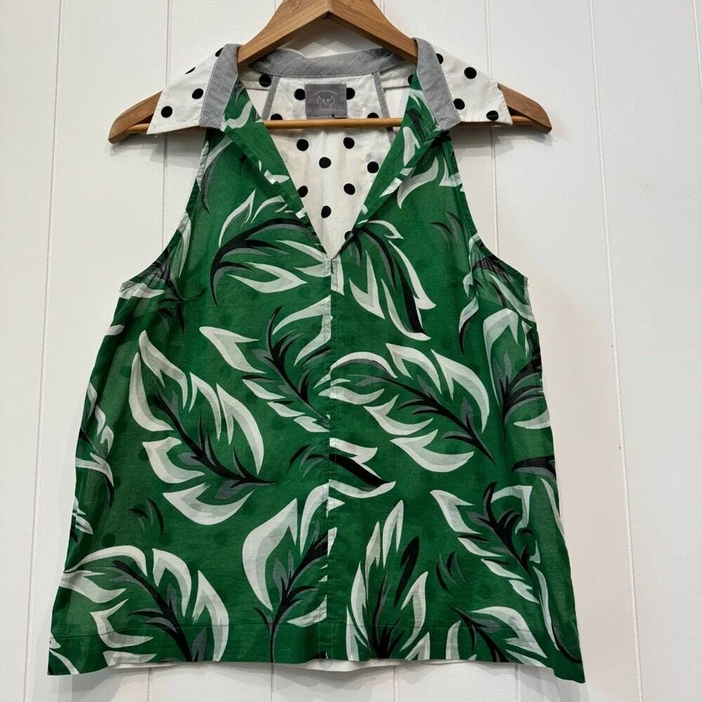 Anthropologie Vanessa Virginia  Cotton Top Sleeveless Green Palm Polka Dot Sz 6